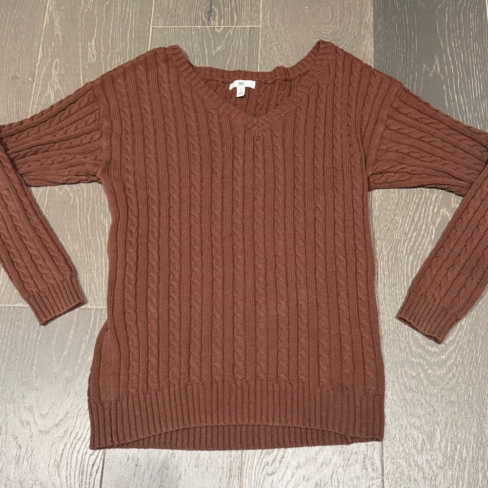 BP V-Neck Cable Knit Sweater in Rich Brown